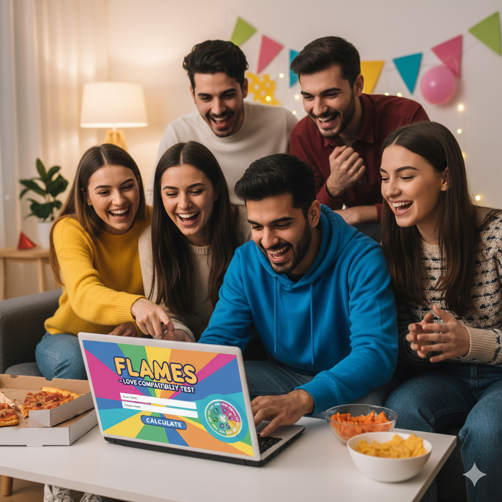 Young adults having fun with FLAMES calculator love test at party